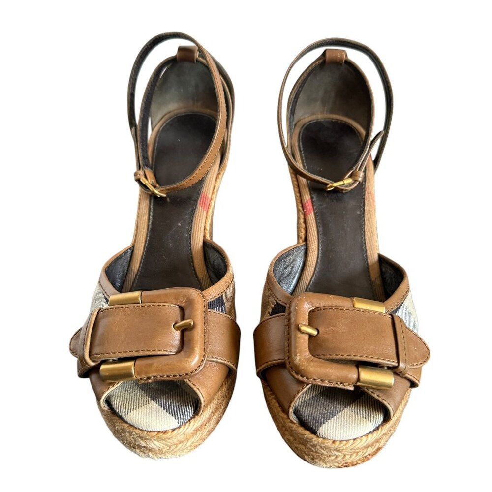 Burberry Brown Leather Novacheck Canvas Buckle Detail Peep Toe Espadrille Wedge - Picture 2 of 16